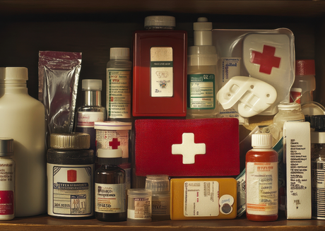 Medical storage with labeled containers and bandages