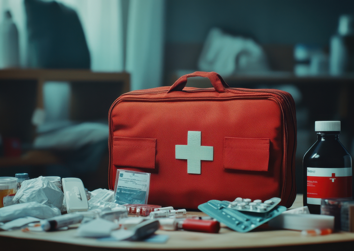 A red medical kit with scattered pills and medical items