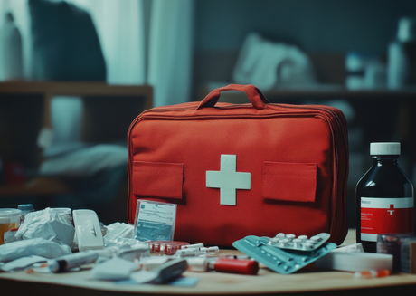 A red medical kit with scattered pills and medical items