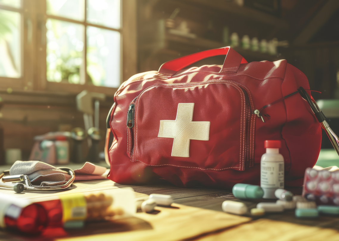 First aid kit surrounded by pill bottles, bandages, and tablets