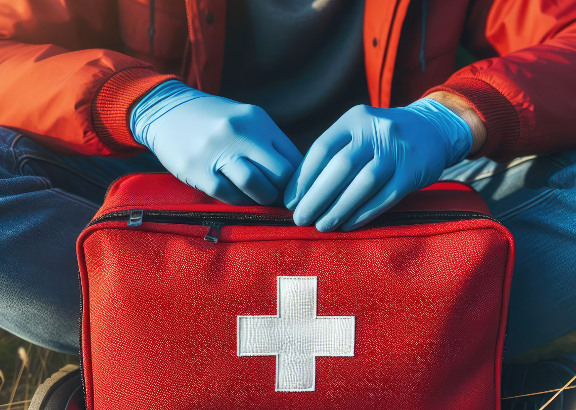 Person in blue gloves opening red first aid kit outdoors