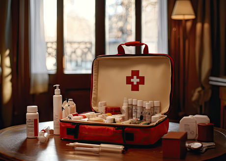 A red first aid kit with supplies near a window