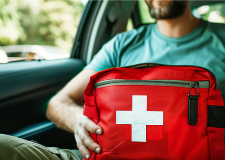 Person holding red first aid bag in car