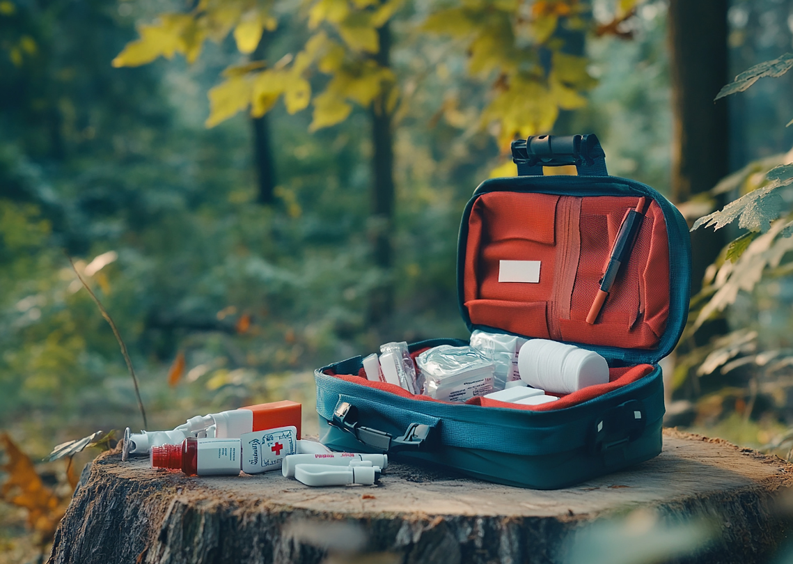 First aid kit near a tree 