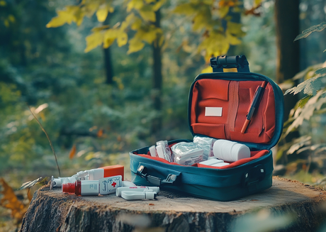 First aid kit near a tree 
