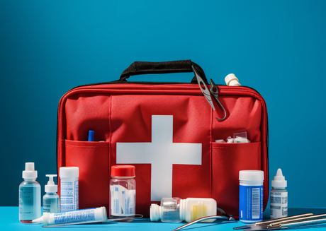 First aid kit with medicine bottles