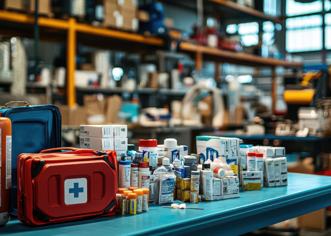 First aid kit surrounded by medications