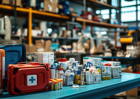 First aid kit surrounded by medications