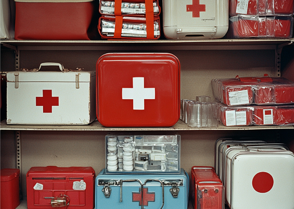 Shelf stacked with red and white first aid kits