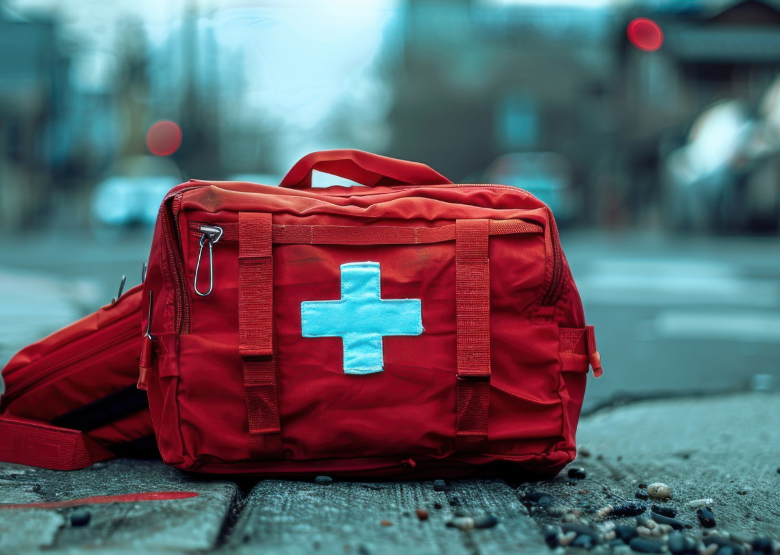 Red first aid bag on city street