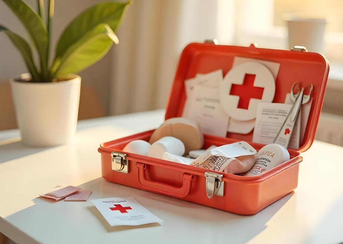 Open first aid near a indoor plant 