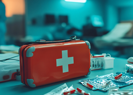 Red first aid kit with medicines in hospital setting
