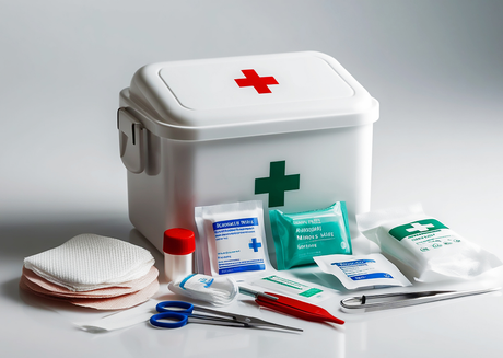 White first aid box with medical supplies