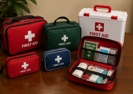 Multiple first aid boxes neatly arranged