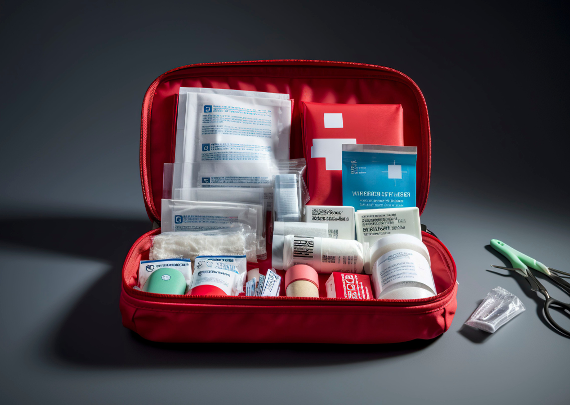 Open red first aid kit with medical supplies