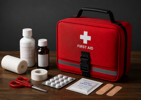 Red box labeled FIRST AID with supplies