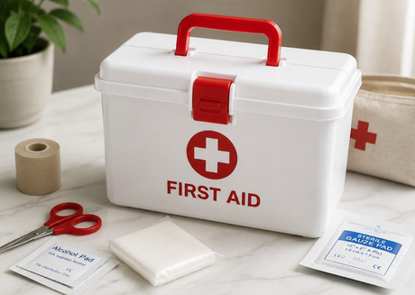 White first aid kit with red handle 