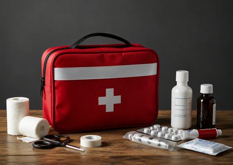 Red first aid kit with gauze, tape, scissors, pills, and bottles