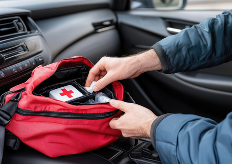Person opening red first aid kit in car