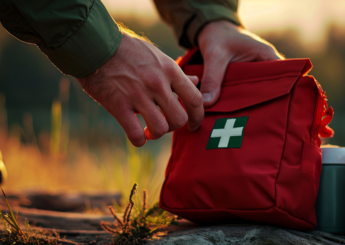 Hands holding red first aid kit outdoors
