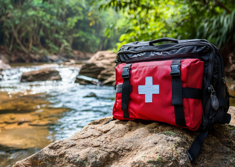 First aid kit on rock by river in forest