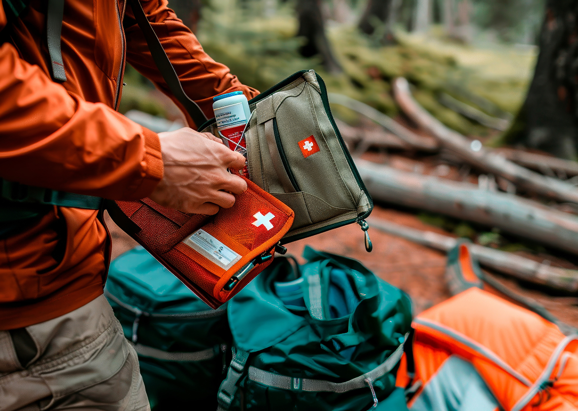 Person holding first aid kit and can in forest