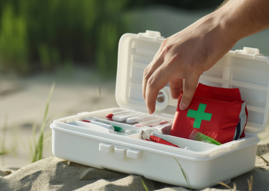 Open red first aid kit on beach with medical supplies