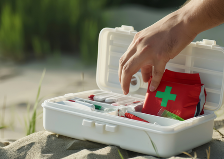 Open red first aid kit on beach with medical supplies