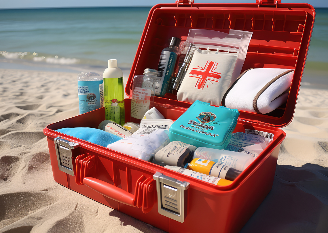 Open red first aid kit on beach with medical supplies