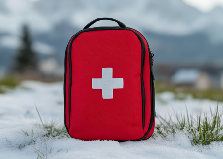 First aid kit on snow with mountain view