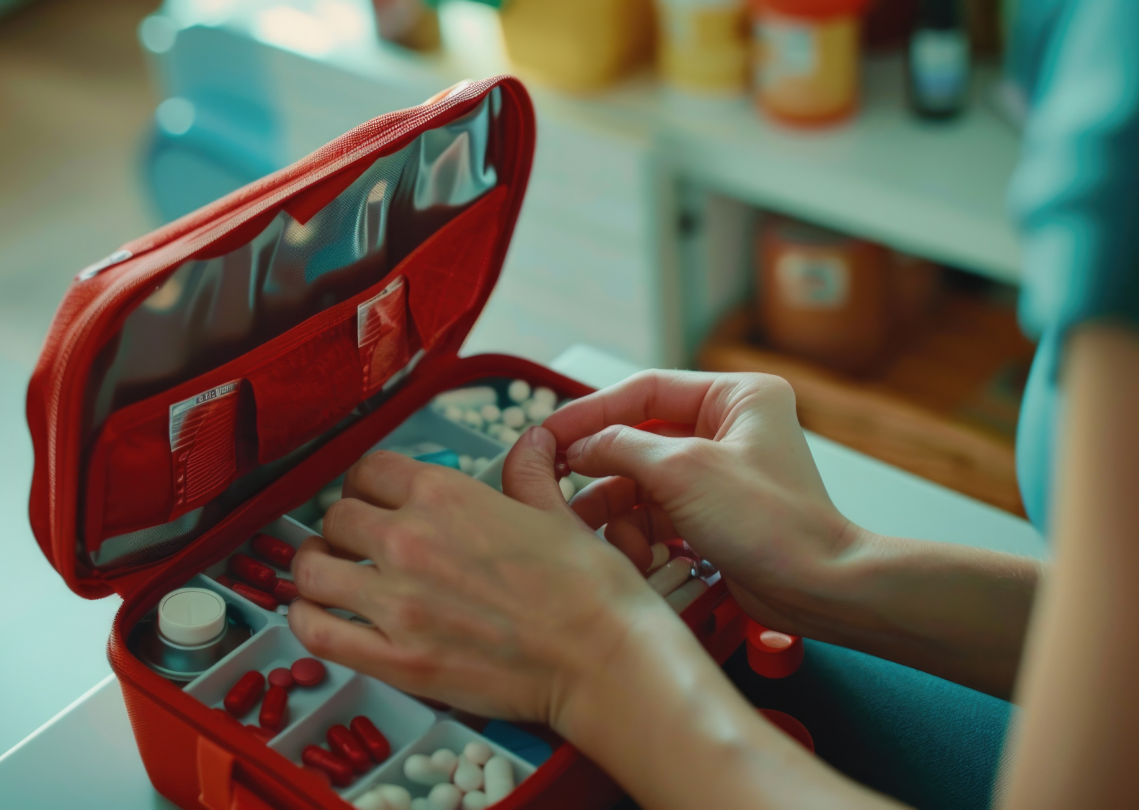 Person sorting pills in a first aid kit at home