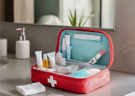  Open first aid kit with bottles, tubes, and basic care items