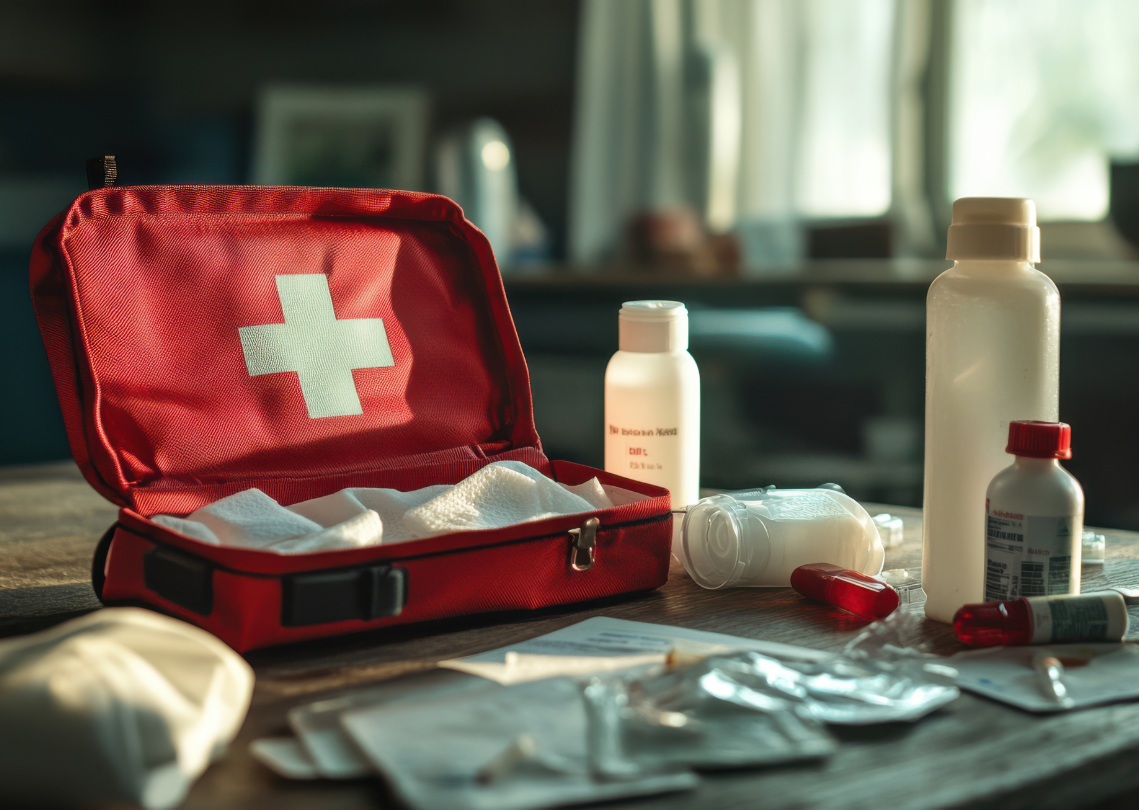Open Open red first aid kit with medical supplies