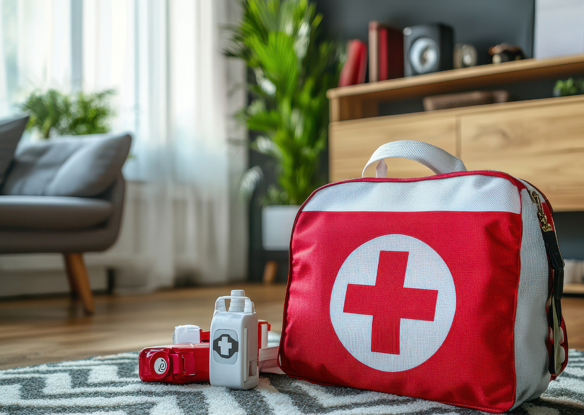 First aid kit and containers on rug in living room