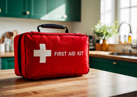 Red first aid kit on kitchen counter 