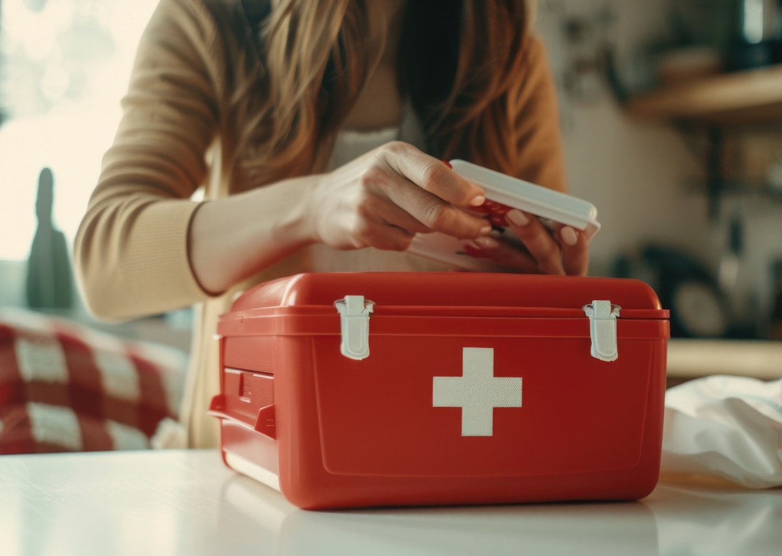 Person opening red first aid kit with white cross