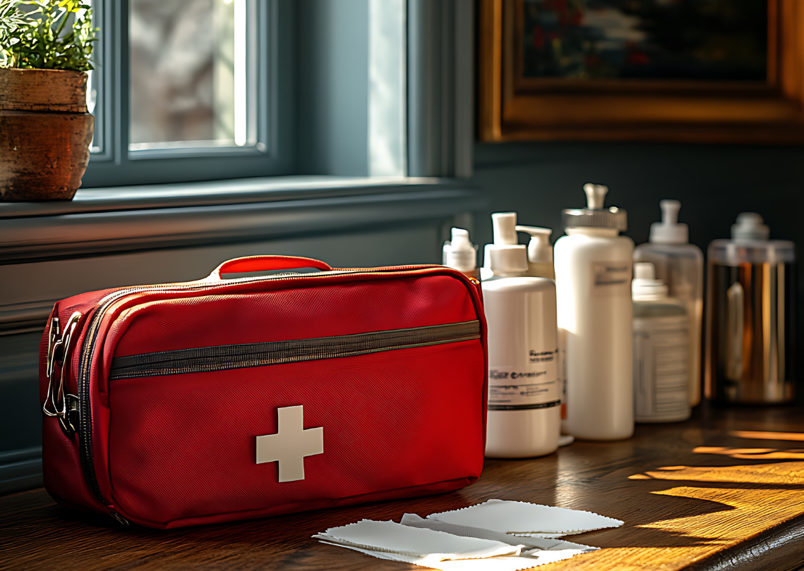 Red first aid kit with bottles on wooden table