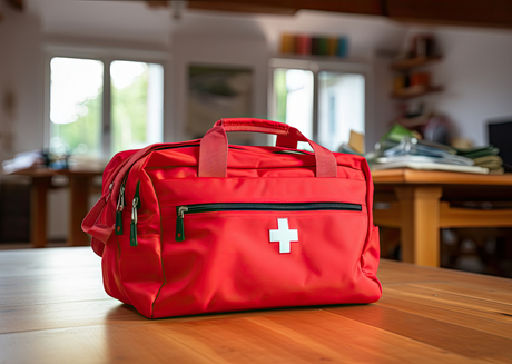 Red medical bag with white cross on table