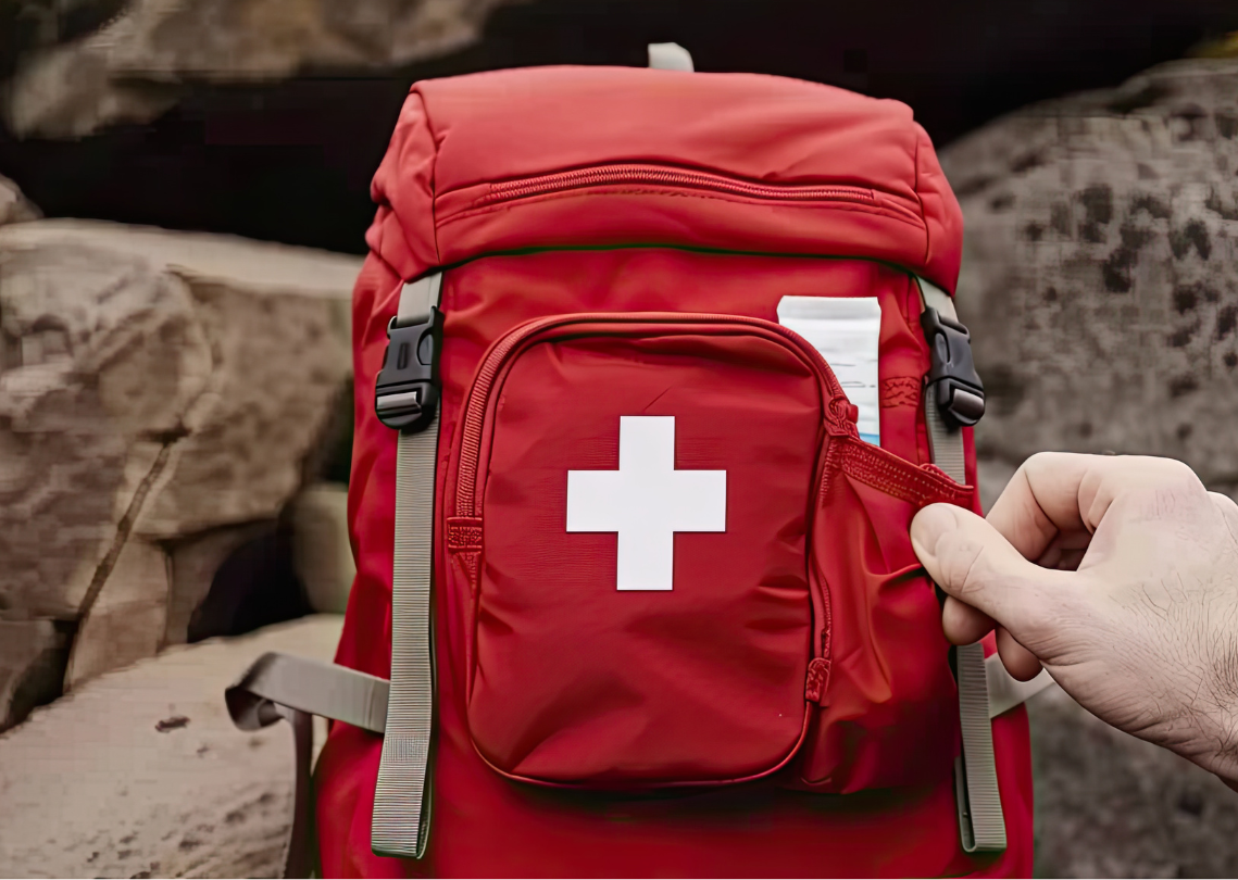 Hand opening red first aid backpack near rocks