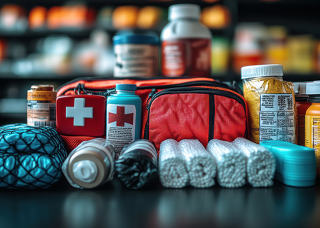 Compact first aid kit with meds and bandages