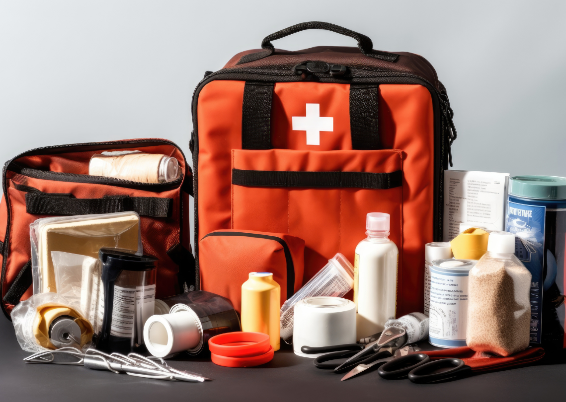 Medical kits with tape, tools, and packaged supplies