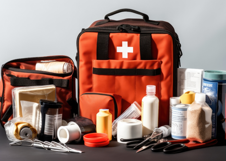 Medical kits with tape, tools, and packaged supplies