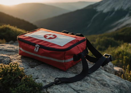 Red first aid kit on mountain rock