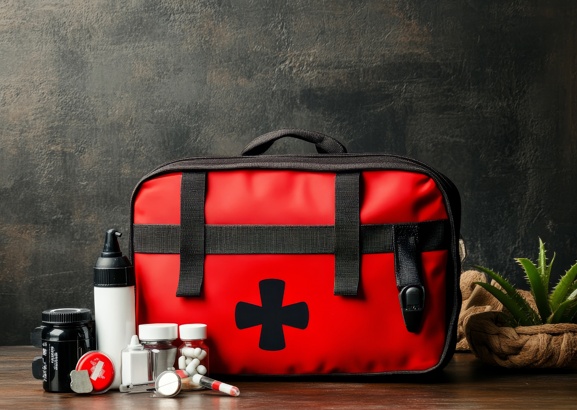 First aid kit with bottles, pills, and a small plant nearby