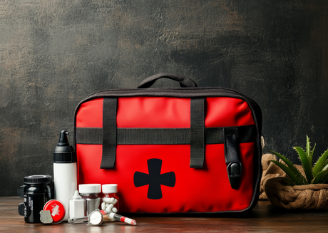 First aid kit with bottles, pills, and a small plant nearby