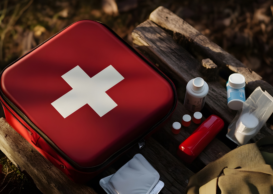 Red medical kit with basic supplies