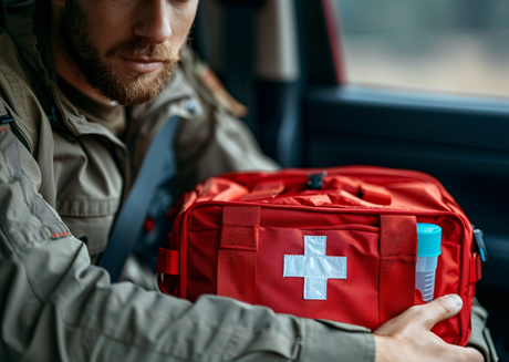 Man holding a red first aid emergency bag inside a vehicle.