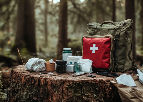 Emergency medical kit in a forest