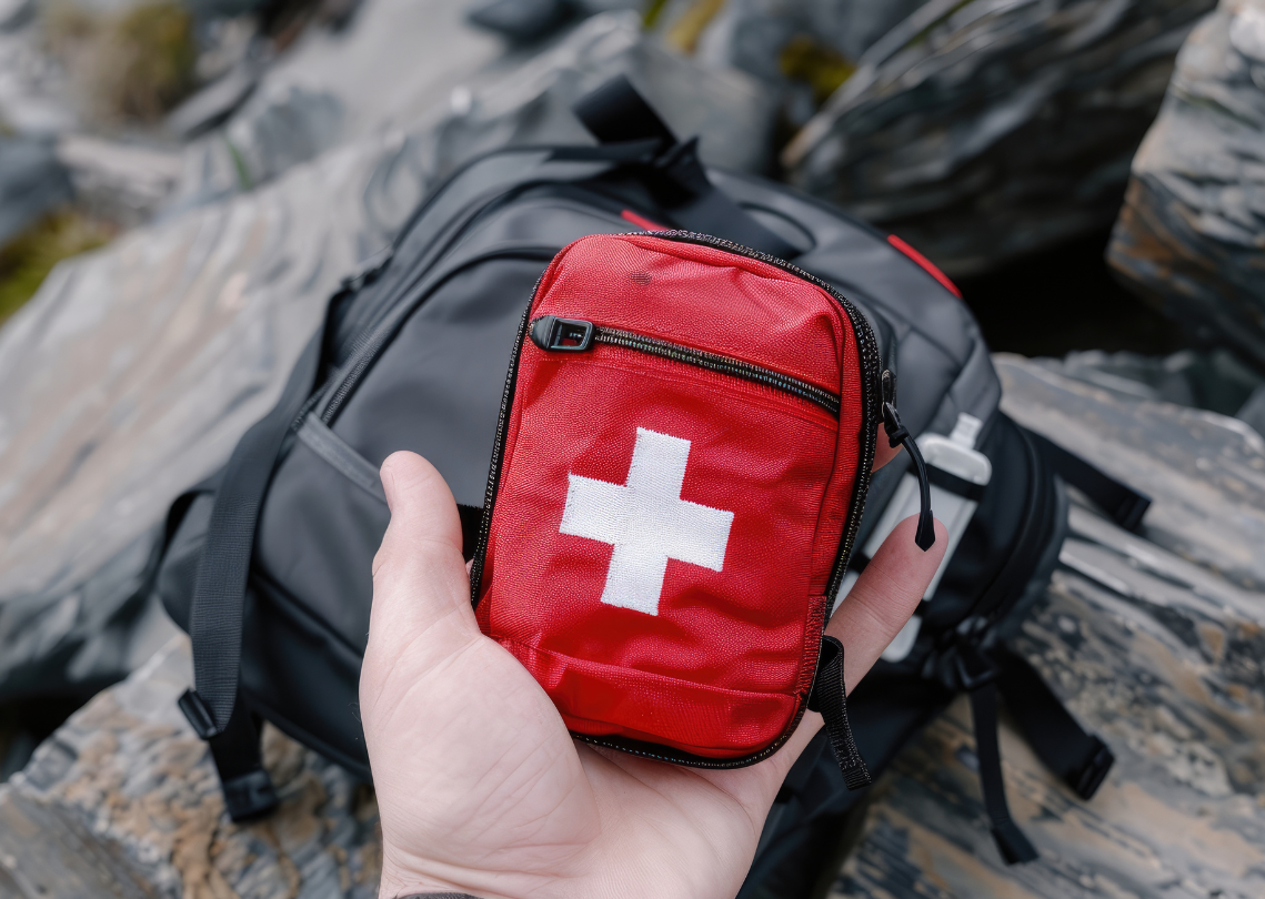  Hand holding first aid kit with backpack on rocky ground