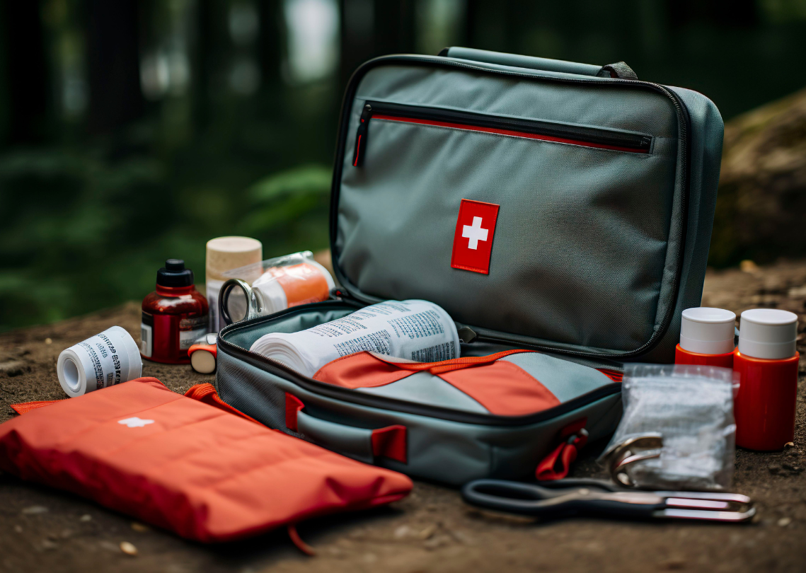 First aid kit with medical supplies spread out around it